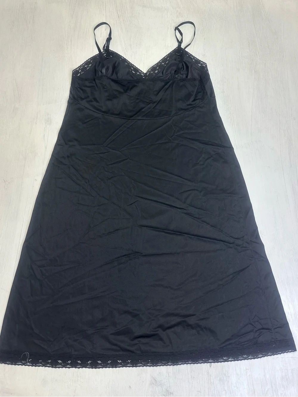 Vintage 90s Vanity Fair Black Slip Dress Lace Trim Nylon Nightgown 40